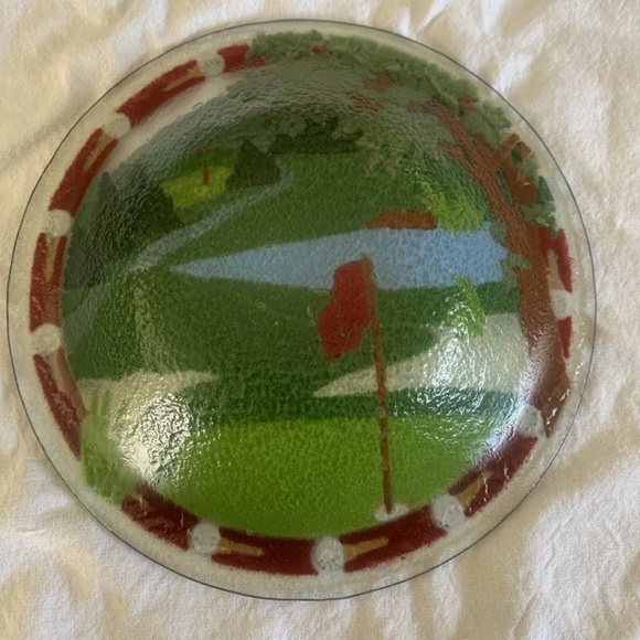 Peggy Karr Fused Glass Trinket Bowl Golf Green Flag Plate 8.25” Gift Collector - Picture 7 of 9